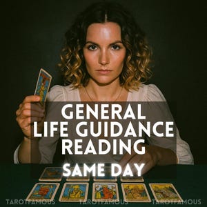 May include: A woman holding a tarot card. The image includes the text "GENERAL LIFE GUIDANCE READING SAME DAY". Several tarot cards are displayed on a green surface. The image has a vintage aesthetic.