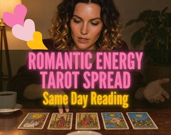 May include: A tarot card reading service featuring five tarot cards laid out on a wooden table. The text reads ROMANTIC ENERGY TAROT SPREAD Same Day Reading. Three heart icons in pink, light pink, and yellow are visible in the upper left corner.
