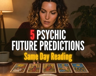 Puede incluir: Cinco cartas de tarot dispuestas sobre una mesa de madera oscura con el texto 5 PSYCHIC FUTURE PREDICTIONS Same Day Reading. Las cartas presentan ilustraciones coloridas que incluyen un sol, figuras y una estrella. Una taza blanca está sobre la mesa.