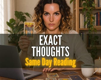 May include: A tarot card featuring the Lovers design held up, with a laptop, a mug, and several tarot cards spread across a wooden surface. The text reads EXACT THOUGHTS Same Day Reading, with the watermark TAROTFAMOUS visible in the corners.