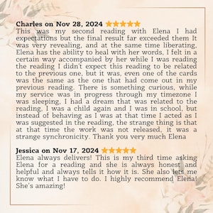 May include: Customer testimonials for Elena, featuring two reviews with dates and star ratings. The reviews praise Elena's readings, describing them as revealing, liberating, and helpful. One review mentions a dream experience.