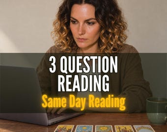 May include: A person with wavy brown hair sits at a wooden desk with a laptop and five tarot cards laid out in a row. The text on the image reads 3 QUESTION READING and Same Day Reading. A green mug sits on the desk next to the tarot cards.
