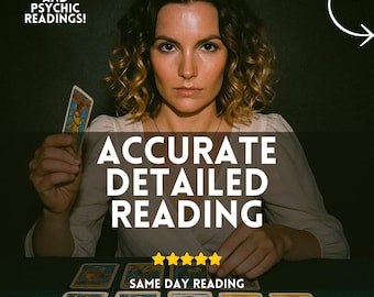 May include: An image promoting tarot and psychic readings. The text reads "Accurate Detailed Reading" and "Same Day Reading." A person is holding a tarot card, with several cards laid out on a green surface. The image includes the text "Tarot and Psychic Readings!" and "See other photos for more info!"