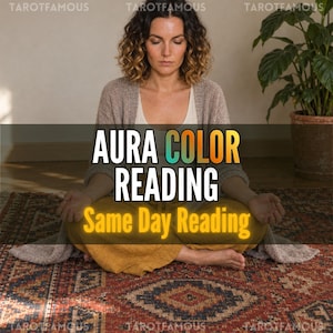 May include: A person with curly brown hair sits in a cross-legged position wearing a beige cardigan, white top, and mustard yellow pants. The text AURA COLOR READING Same Day Reading is overlaid in white, yellow, and a gradient of blue to orange.