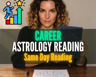 May include: A dark blue book and a printed astrological chart on a wooden table. The text reads CAREER ASTROLOGY READING Same Day Reading. A graphic shows a person climbing a colourful bar chart toward a yellow star. A black pen lies on the table.