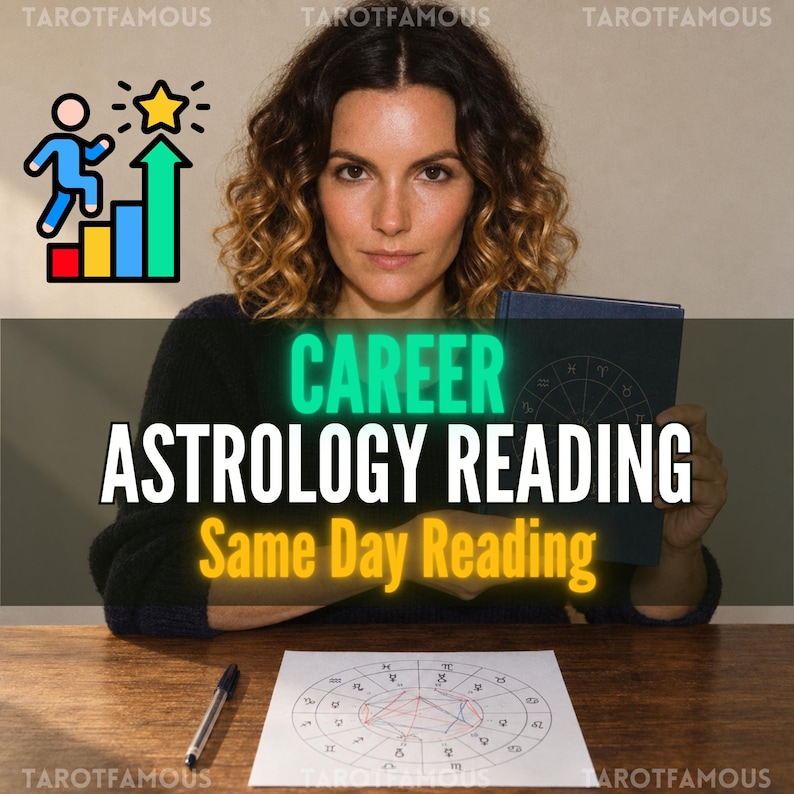 May include: A dark blue book and a printed astrological chart on a wooden table. The text reads CAREER ASTROLOGY READING Same Day Reading. A graphic shows a person climbing a colourful bar chart toward a yellow star. A black pen lies on the table.