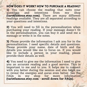 K&ouml;nnte beinhalten: Eine beige Informationstafel mit schwarzem Text unter dem Titel HOW DOES IT WORK? HOW TO PURCHASE A READING? Sie beschreibt vier Schritte zur Bestellung einer Tarot-Lesung, einschlie&szlig;lich des Besuchs von tarotfamous.etsy.com, der Personalisierung und Angaben.