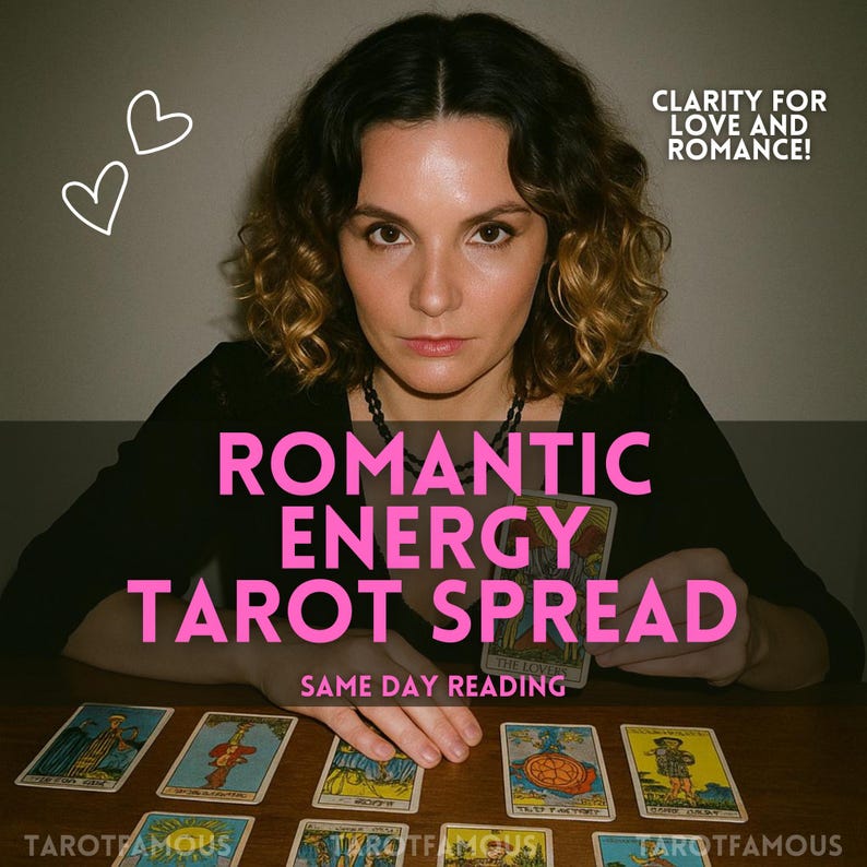May include: A woman with dark hair and a black top is holding a tarot card. The image has text that reads "Romantic Energy Tarot Spread" and "Clarity for Love and Romance!" Several tarot cards are laid out on a wooden surface.