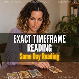 May include: A tarot card reading service featuring a deck of cards on a wooden table with the text EXACT TIMEFRAME READING and Same Day Reading overlaid. The cards display traditional illustrations including a sun, figures, and a star-filled night sky.