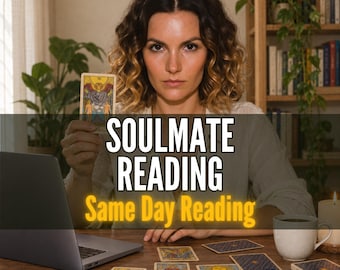 May include: A person holding a tarot card featuring a winged figure, with the text SOULMATE READING and Same Day Reading overlaid. A laptop, a mug, and several tarot cards are arranged on a wooden surface, with a bookshelf and plants visible.