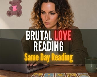 May include: A laptop computer sits on a wooden surface with five tarot cards arranged in a row. The text on the image reads BRUTAL LOVE READING and Same Day Reading. A small brown teddy bear graphic with a pink heart is in the upper left corner.