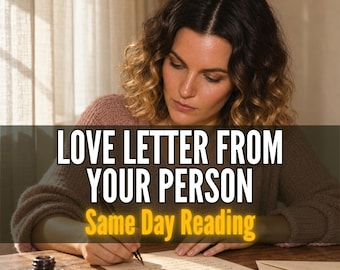 May include: A person with wavy brown hair wearing a mauve knit sweater, writing on a piece of paper with a fountain pen. An inkwell sits on the wooden table. The text reads: LOVE LETTER FROM YOUR PERSON. Same Day Reading.
