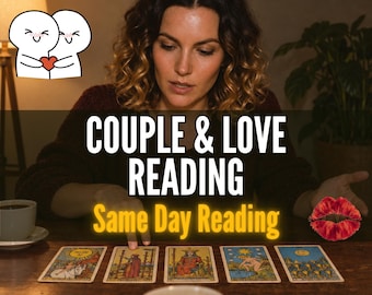 May include: Five tarot cards are laid out on a wooden table. The text reads COUPLE & LOVE READING and Same Day Reading. A small cartoon graphic of two figures hugging with a red heart and a red lip print are visible on the image.