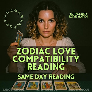 以下が含まれることがあります： 「ZODIAC LOVE COMPATIBILITY READING」と「SAME DAY READING」のテキストが入ったタロットカードを持つ女性。画像は、占星術のシンボルと「ASTROLOGY LOVE MATCH」のテキストが入った濃い緑色の背景です。