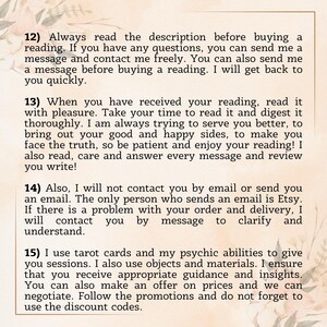 K&ouml;nnte beinhalten: Eine beige Informationskarte mit dunkelbraunem Text, die die Punkte 12 bis 15 zu Tarot-Lesediensten enth&auml;lt. Der Text beschreibt Kommunikationsrichtlinien, Leseverfahren, E-Mail-Praktiken sowie die Verwendung von Tarotkarten und psychischen F&auml;higkeiten.