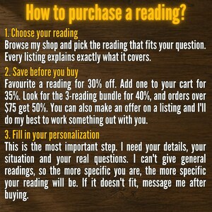 May include: A digital graphic with yellow text on a dark wood background titled How to purchase a reading? It outlines three steps: 1. Choose your reading, 2. Save before you buy with discount details, and 3. Fill in your personalisation for the service.