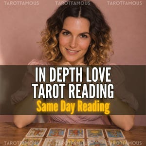 May include: A person with shoulder-length wavy brown hair wearing a light pink top, positioned behind a wooden table with tarot cards spread out. The text overlay reads: IN DEPTH LOVE TAROT READING Same Day Reading. The watermark TAROTFAMOUS is visible.