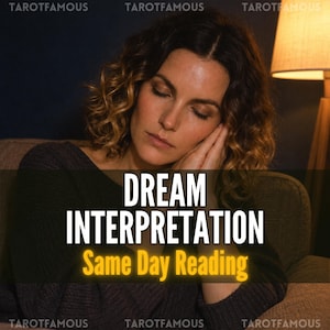 Puede incluir: Una persona con cabello castaño ondulado apoyando la cabeza en la mano, con el texto "DREAM INTERPRETATION Same Day Reading" superpuesto en blanco y amarillo. La imagen presenta una atmósfera oscura y tenue con el brillo de una lámpara al fondo.