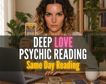 May include: A person holding a tarot card featuring a winged figure, with a laptop, a mug, and several tarot cards spread across a wooden table. The text reads DEEP LOVE PSYCHIC READING Same Day Reading with TAROTFAMOUS visible.