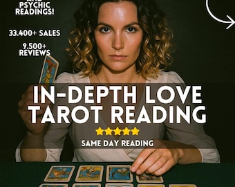 May include: An image promoting tarot readings. The image features a person holding a tarot card, with several cards laid out on a green surface. Text includes "IN-DEPTH LOVE TAROT READING" and "SAME DAY READING". Additional text indicates "33.400+ SALES" and "9.500+ REVIEWS".