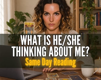 May include: A tarot card reading service featuring a person holding a tarot card with the text WHAT IS HE/SHE THINKING ABOUT ME? Same Day Reading. A laptop, a mug, and several tarot cards are arranged on a wooden surface in front of the person.