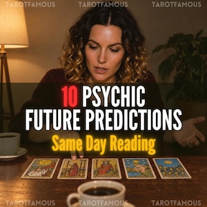 May include: Five tarot cards are laid out on a dark wooden table. The text 10 PSYCHIC FUTURE PREDICTIONS Same Day Reading is overlaid in the centre. A white coffee cup sits on the left and another in the foreground. The cards feature colourful illustrations.