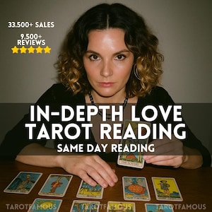 May include: An image featuring a woman with dark hair and a black top, holding a tarot card labeled "The Lovers." The text "IN-DEPTH LOVE TAROT READING" and "SAME DAY READING" are displayed. The image also shows other tarot cards on a wooden surface.