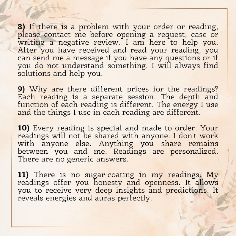 May include: A text-based image with 11 numbered points, providing information about readings and pricing. The text is written in a light pink font on a white background.