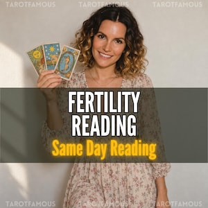 May include: Three tarot cards featuring the Sun, the Star, and the World are held up. The text FERTILITY READING and Same Day Reading is overlaid on the image. The background includes the repeated watermark text TAROTFAMOUS in the corners.