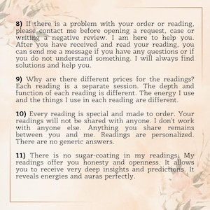 May include: A beige-colored card with text about readings, including contact information for issues, pricing explanations, and a promise of personalized, honest insights. Floral accents are in the corners.