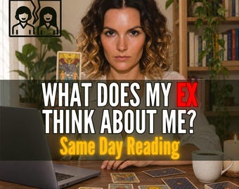 May include: A tarot card reading service featuring a laptop, a deck of tarot cards, and a mug on a wooden table. The text reads: WHAT DOES MY EX THINK ABOUT ME? Same Day Reading. A graphic of two people separated by a broken line is in the corner.