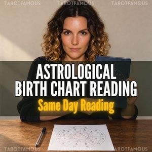 May include: A dark blue hardback book held by a person, with a white sheet of paper featuring a circular astrological birth chart and a black pen placed on a wooden surface. The text reads ASTROLOGICAL BIRTH CHART READING and Same Day Reading.