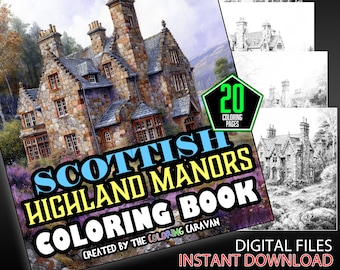 Scottish Highland Manors Coloring Pages | Vintage Castle Estates | Adult Relaxation Activity | Instant Download | Houses Coloring Pages