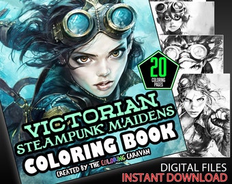 Victorian Steampunk Maidens Coloring Pages | Women in Gears and Cogs Color Pages | Instant Download | Coloring Pages | Steampunk Coloring