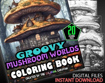 Groovy Mushroom Worlds Coloring Pages | Instant Download | Coloring Pages | Psychedelic Fungi Coloring Page | Whimsical Forest Scenes Series