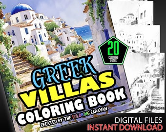 Greek Villas Scenic Coloring Pages | Mediterranean Homes Coloring | Instant Download | Coloring Pages | Relaxing Greek Villa Coloring Pages