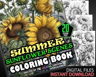 Summer Sunflower Scenes Coloring Pages | Instant Download | Coloring Pages | Bright Flower Landscapes Coloring | Sunny Floral Coloring Pages