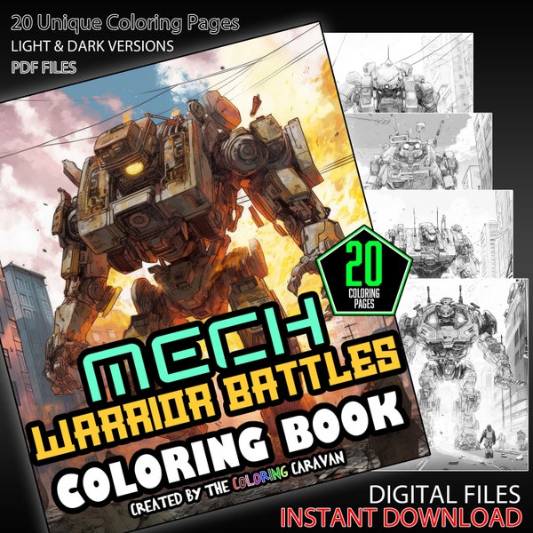 Mech Warrior Battles Coloring Pages | Instant Download | Coloring Pages | Futuristic Combat Robots Coloring Pages | Epic Mech Coloring Pages