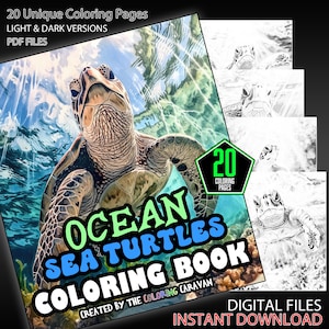May include: A digital download of 20 coloring pages featuring ocean sea turtles. The cover image shows a colorful sea turtle swimming in the ocean. The text "20 Coloring Pages" is in a green hexagon. The text "Ocean Sea Turtles Coloring Book" is in white with a green outline. The text "Created by The Coloring Caravan" is in white. The text "Digital Files Instant Download" is in white.