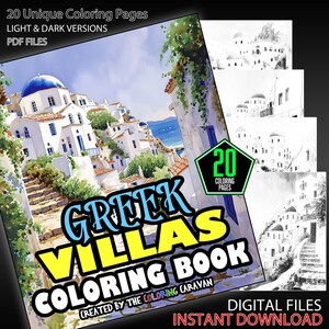 Könnte beinhalten: Ein digitales Download-Malbuch mit 20 einzigartigen Malvorlagen von griechischen Villen. Das Titelbild zeigt eine Aquarellillustration eines weiß getünchten Dorfes mit einer blauen Kuppelkirche. Der Titel "Greek Villas Coloring Book" ist in fetten, gelben Buchstaben geschrieben. Der Text "Erstellt von The Coloring Caravan" ist in kleineren Buchstaben unter dem Titel geschrieben.
