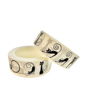 May include: Two rolls of decorative washi tape featuring a repeating pattern of black cat silhouettes with curled tails. The tape is off-white with a semi-transparent quality, and the cats are in various poses.