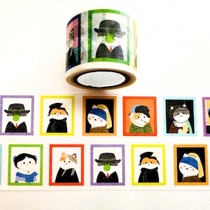 May include: A roll of decorative adhesive tape featuring a repeating pattern of illustrated cats dressed as famous historical figures. Each cat is framed in a colorful square border, showcasing various outfits, hats, and accessories in a grid layout.