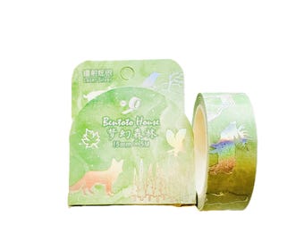 May include: Green decorative washi tape with forest-themed illustrations, including a fox, birds, and trees. The tape roll is 15mm x 5M. The packaging features the text "Bentoto House" and Chinese characters.