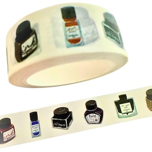 May include: Decorative washi tape featuring illustrations of vintage ink bottles in various shapes and colors. The tape roll displays a repeating pattern of ink bottles, perfect for scrapbooking, journaling, and craft projects.