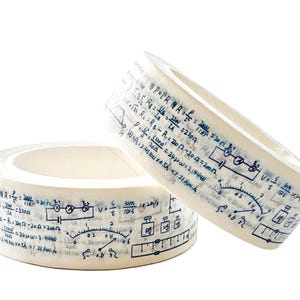 May include: Two rolls of off-white washi tape with a repeating pattern of blue scientific formulas and diagrams. The tape is ideal for crafting, scrapbooking, or adding a unique touch to gifts.