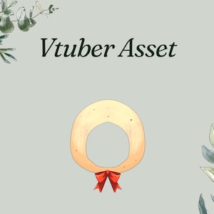 May include: A digital asset for a Vtuber, featuring a light yellow circular frame with a red bow at the bottom. The text "Vtuber Asset" is written in dark green. The background is a light gray with watercolor-style botanical accents.