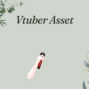 May include: A digital illustration featuring a red microphone held by a stylized arm against a light gray background. The text "Vtuber Asset" is written in dark green. Decorative green leaves and branches are in the corners.