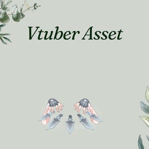 May include: A digital illustration featuring the text "Vtuber Asset" in dark green. Below the text are two pairs of hands with silver and gray ninja weapons. The background is a light gray-green with watercolor-style botanical accents.