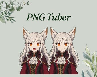 May include: Two anime-style characters with white hair, fox ears, and orange eyes, wearing red and black outfits with gold accents. The text "PNG Tuber" is displayed above the characters on a light green background, with decorative leaves.