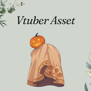 May include: A digital illustration of a Halloween-themed Vtuber asset. The image features a carved orange pumpkin atop a tan sheet with Halloween icons. The text "Vtuber Asset" is in dark green.